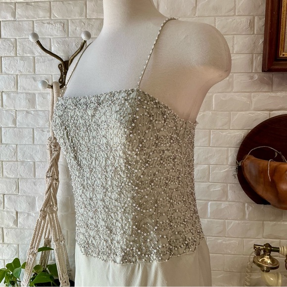 Vintage Dazzelle Inc 100% Silk Ornately Pearl Beaded Layered Chiffon Midi Dress - Picture 6 of 17